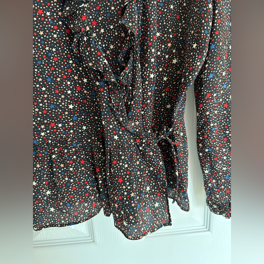 Madewell Women’s Small 100% Silk Ruffle Hem Wrap Blouse Starry Night - Picture 5 of 8